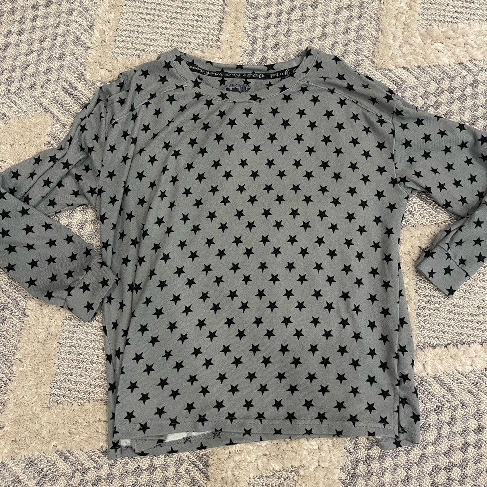 Muk Luks Women's Gray Navy Blue Star Long Sleeve Pajama Shirt Comfy Top Medium